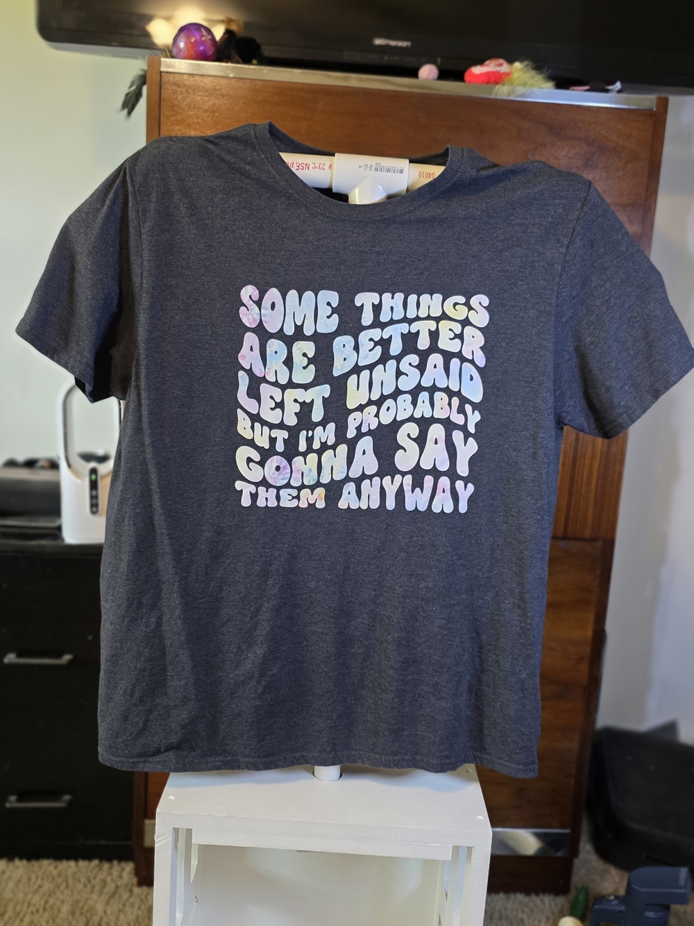 Charcoal Tee with Pastel Multicolor Graphic